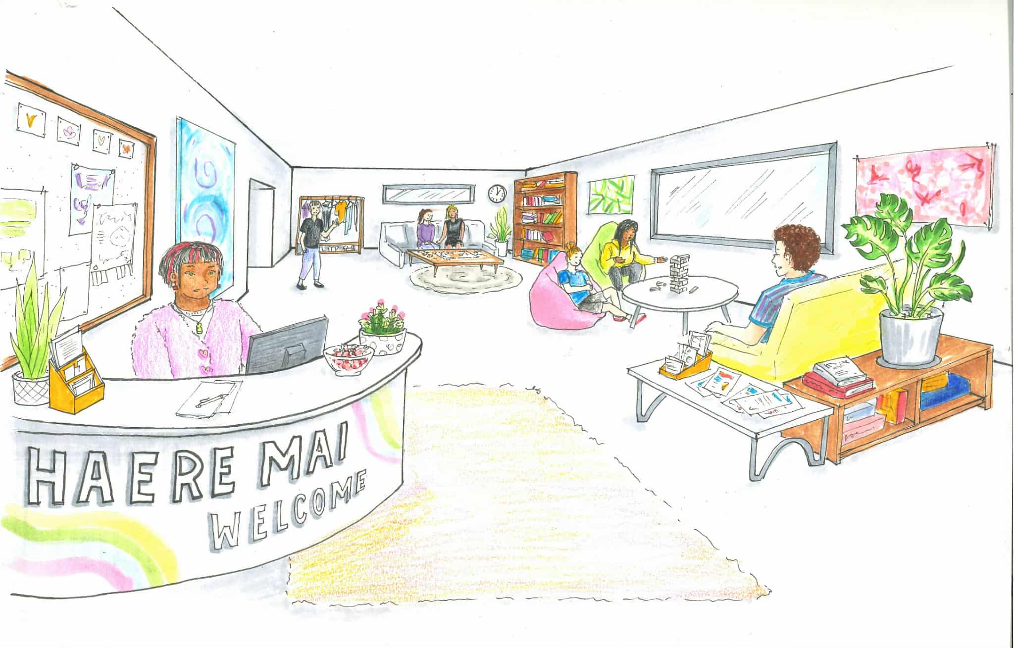 Illustration of what a rainbow hub could look like - a front desk with the words 